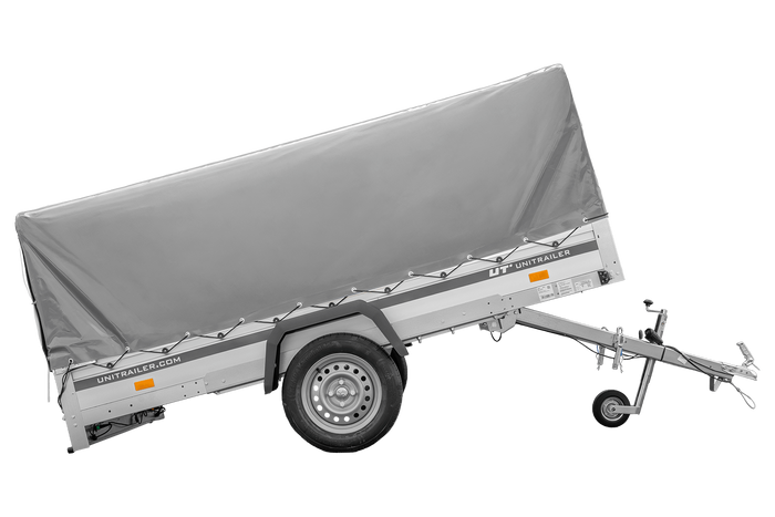 Enkelassige aanhanger met aluminium zijwanden 264x150 Unitrailer Garden 265 KIPP ALU met H-800 frame en grijze afdekking