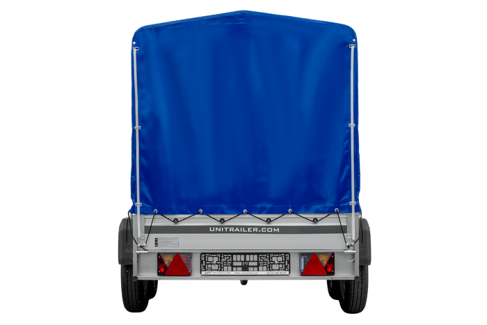 Tweeassige aanhanger met aluminium zijwanden 264x125 Unitrailer Garden 264/2 KIPP ALU met frame H-1100 en blauwe afdekking