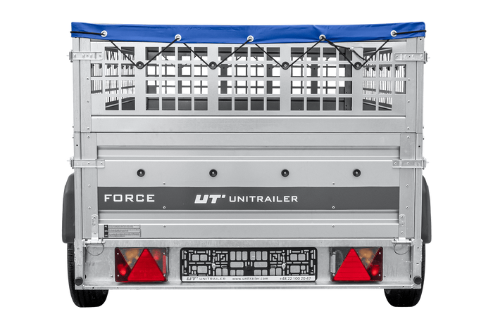 Lichte aanhanger op veren 230x125 UNITRAILER FORCE 230/R KIPP met gaaswanden, H-0 frame en blauwe hoes