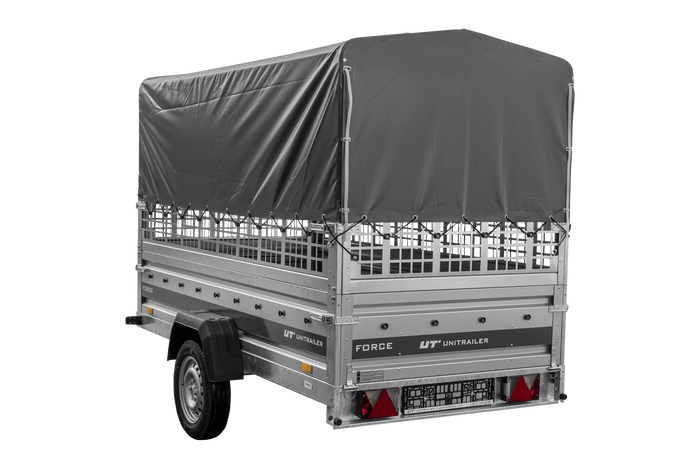 Autotrailer 264x125 UNITRAILER FORCE 264 KIPP met gaaswanden, H-800 frame en grijze afdekking