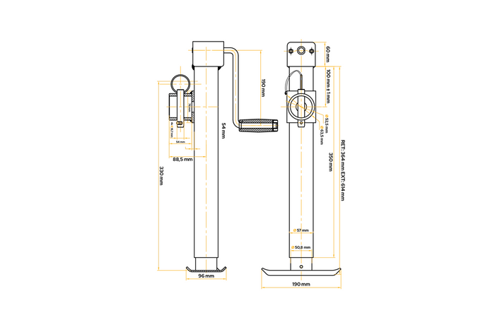 Uitschuifbare steun met UNITRAILER TJ5001+TJ5002A adapter voor 1300 kg vlakke aanhanger 364-614 mm
