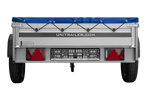 Enkelassige aanhanger met aluminium zijwanden 200x125 Unitrailer Garden 201 KIPP ALU met H-0 frame en blauwe afdekking