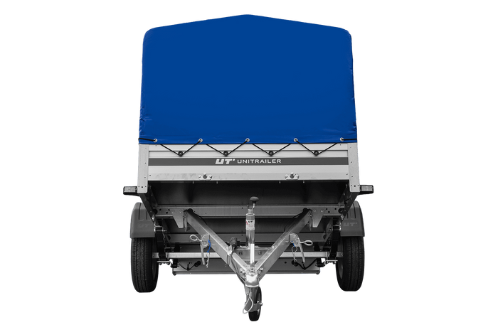 Enkelassige aanhanger op veren met aluminium zijwanden 230x125 Unitrailer Garden 230/R KIPP ALU met H-800 frame en blauwe afdekking