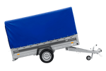 Enkelassige aanhanger op veren 264x125 UNITRAILER FORCE 264/R KIPP met H-1100 frame en blauwe afdekking
