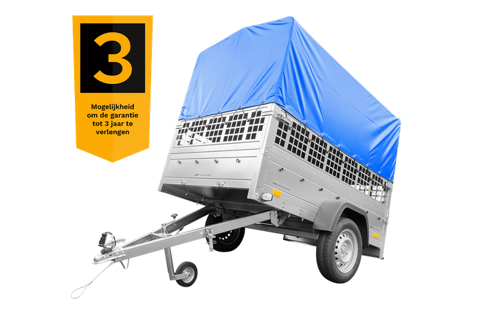 Lichte autoaanhanger tot 750 kg GARDEN TRAILER 201 KIPP met steunwiel, mesh zijkanten en H-800 frame met blauw zeildoek