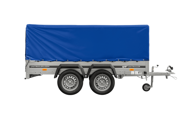 Twee-assige aanhanger 264x125 UNITRAILER GARDEN 264/2 KIPP met H-800 frame en blauwe afdekking
