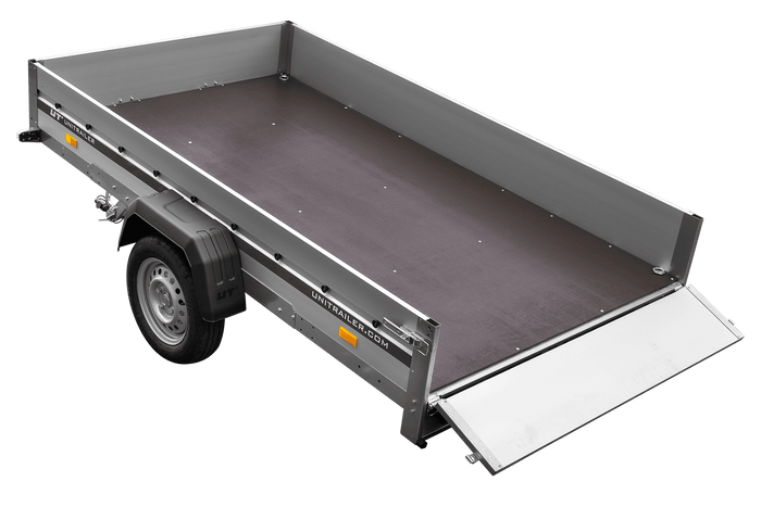 Enkelassige aanhanger met aluminium zijwanden 264x150 Unitrailer Garden 265 KIPP ALU met H-800 frame en blauwe afdekking