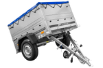 Unitrailer GARDEN TRAILER 150 KIPP met steunwiel, twee zijkanten en blauwe vlakke afdekking