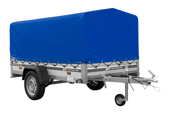 Enkelassige aanhanger op veren met aluminium zijwanden 230x125 Unitrailer Garden 230/R KIPP ALU met H-800 frame en blauwe afdekking