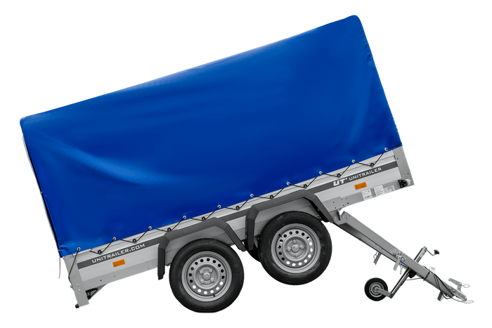 Tweeassige aanhanger met aluminium zijwanden 264x125 Unitrailer Garden 264/2 KIPP ALU met frame H-1100 en blauwe afdekking
