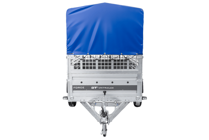 Enkelassige aanhanger 230x125 UNITRAILER FORCE 230 KIPP met gaaswanden, H-0 frame en blauwe afdekking.
