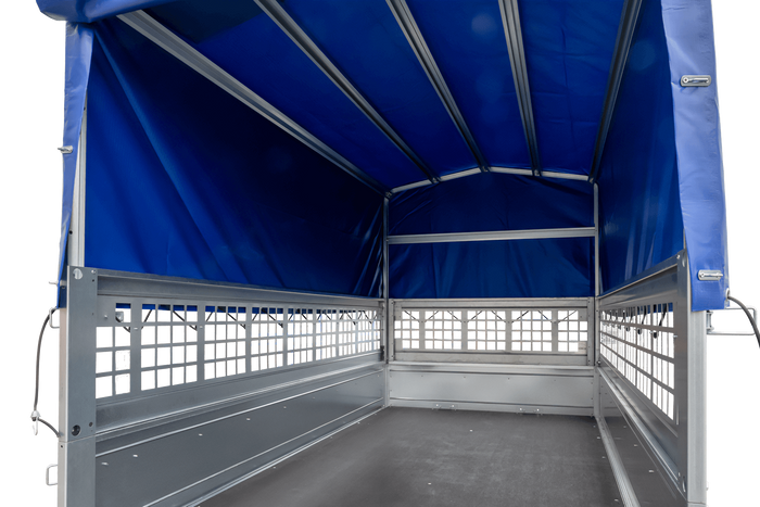Enkelassige aanhanger 230x125 UNITRAILER GARDEN 230 KIPP met gaaswanden, H-800 frame en blauw dekzeil