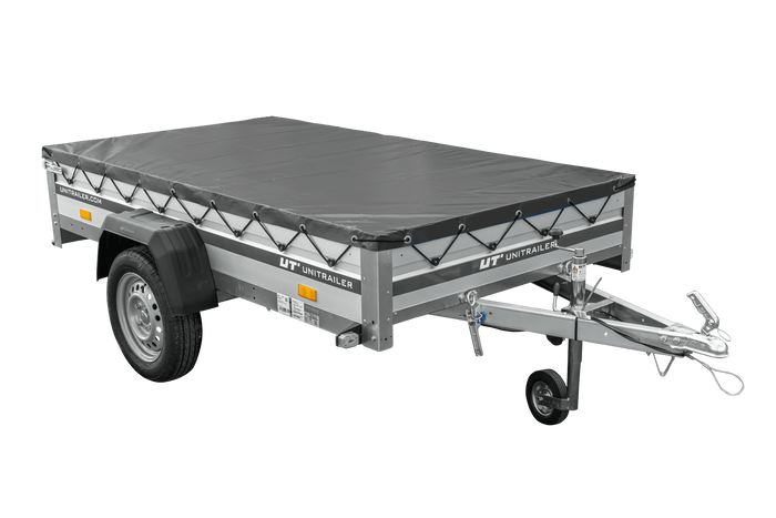 Enkelassige aanhanger met aluminium zijwanden 230x125 Unitrailer Garden 230 KIPP ALU met H-0 frame en grijze afdekking