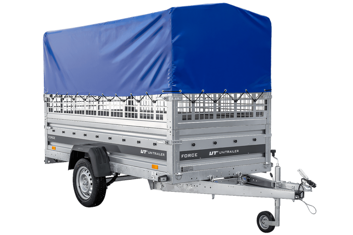 Autotransportaanhanger op veren 264x125 UNITRAILER FORCE 264/R KIPP met gaaswanden, H-800 frame en blauwe hoes