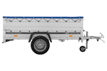 Enkelassige aanhanger met aluminium zijwanden 230x125 Unitrailer Garden 230 KIPP ALU met BIS-zijwanden, H-0 frame en blauwe afdekking