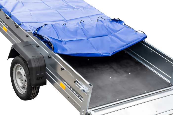 Garden trailer 230 kipp met steunwiel en platte blauwe afdekking