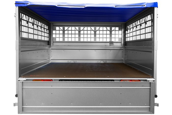 Garden trailer 201 kipp met steunwiel, gaaszijden, frame h-0 en blauwe deksel