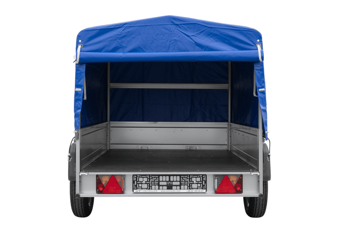 Lichte aanhanger 200x125 UNITRAILER GARDEN 201 KIPP met H-800 frame en blauw dekzeil