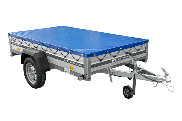 Enkelassige aanhanger met aluminium zijwanden 230x125 Unitrailer Garden 230 KIPP ALU met H-0 frame en blauwe afdekking