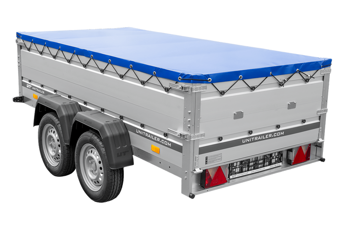 Tweeassige aanhanger met aluminium zijwanden 264x125 Unitrailer Garden 264/2 KIPP ALU met BIS-zijwanden, H-0 frame en blauwe afdekking