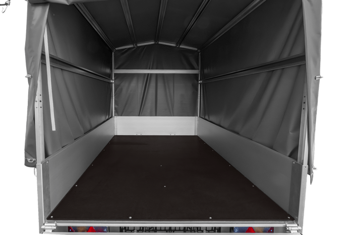 Autoaanhanger met aluminium zijwanden 230x125 Unitrailer Garden 230 KIPP ALU met H1100 frame en grijze afdekking