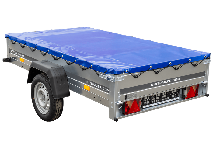 Garden trailer 230 kipp met steunwiel en platte blauwe afdekking