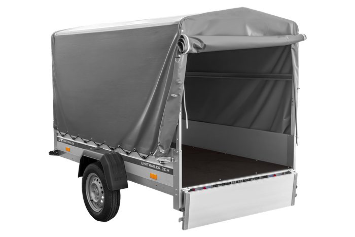 Autoaanhanger met aluminium zijwanden 230x125 Unitrailer Garden 230 KIPP ALU met H1100 frame en grijze afdekking