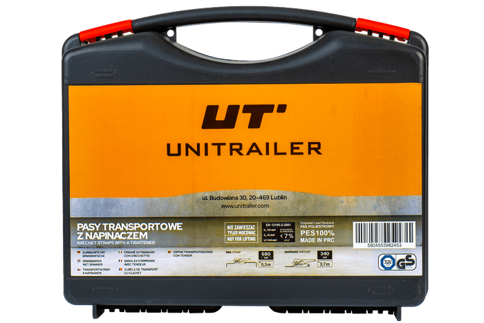 Set van vier UNITRAILER 4m/25mm/0.68t oranje transportbanden met spaninrichting in een koffer.