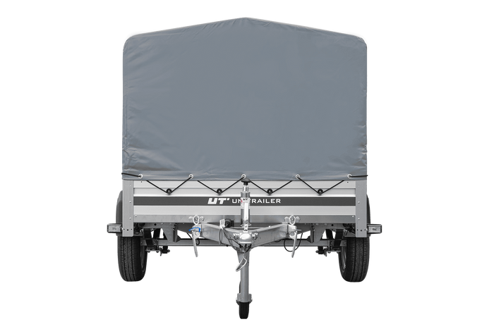 Enkelassige aanhanger op veren met aluminium zijwanden 230x125 Unitrailer Garden 230/R KIPP ALU met H-800 frame en grijze afdekking
