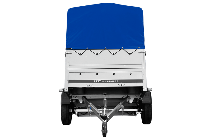 Lichte aanhangwagen op veren 200x125 UNITRAILER GARDEN 201/R KIPP met BIS zijwanden, H-800 frame en blauwe afdekking