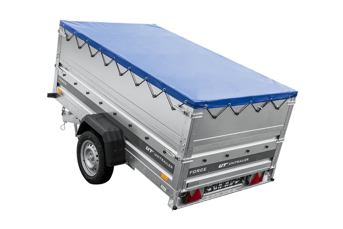 Autotransportaanhanger op veren 230x125 UNITRAILER FORCE 230/R KIPP met BIS-zijwanden, H-0 frame en blauwe afdekking