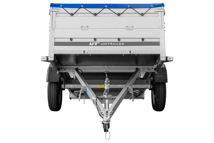 Enkelassige aanhanger met aluminium zijwanden 230x125 Unitrailer Garden 230 KIPP ALU met BIS-zijwanden, H-0 frame en blauwe afdekking