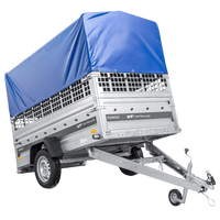 Enkelassige aanhanger 230x125 UNITRAILER FORCE 230 KIPP met gaaswanden, H-0 frame en blauwe afdekking.