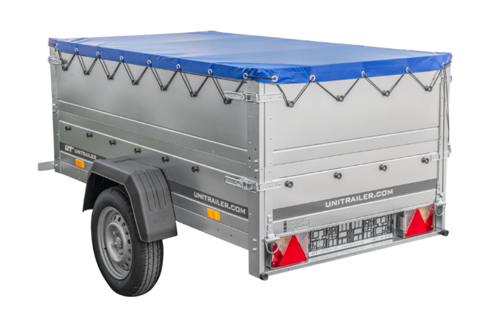 Enkelassige aanhanger 200x106 UNITRAILER GARDEN 200 KIPP met BIS-zijwanden en blauw dekzeil