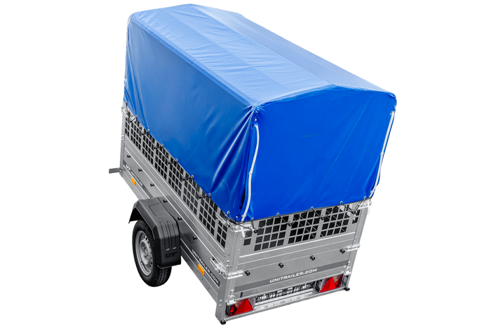 Lichte aanhanger 200x106 UNITRAILER GARDEN 200 KIPP met gaaswanden, H-800 frame en blauwe hoes