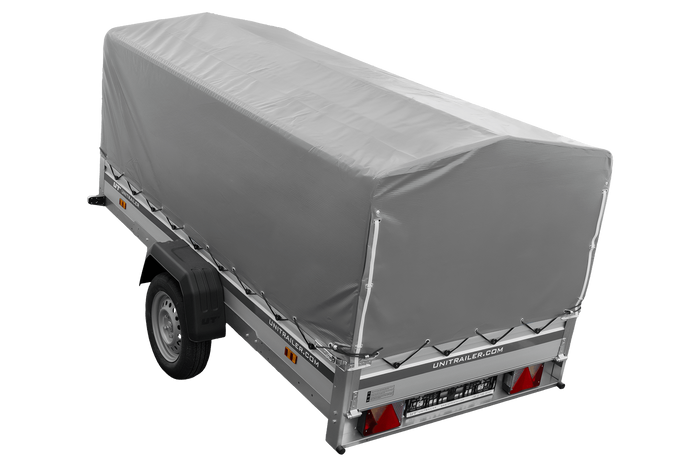 Enkelassige aanhanger met aluminium zijwanden 264x125 Unitrailer Garden 264 KIPP ALU met H-800 frame en grijze afdekking