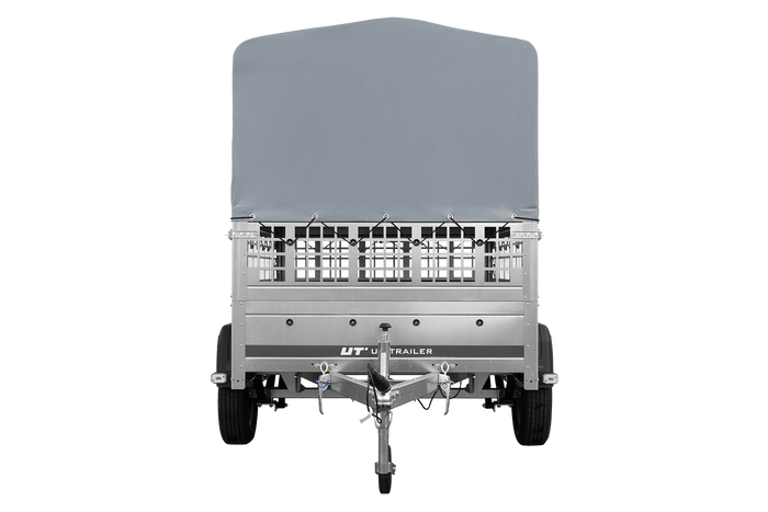 Enkelassige aanhangwagen op veren 200x125 UNITRAILER GARDEN 201/R KIPP met roosterwanden, H-800 frame en grijze afdekking