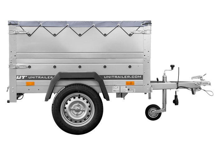 Unitrailer GARDEN TRAILER 150 KIPP met een steunwiel, twee zijkanten en een grijze platte afdekking op een frame