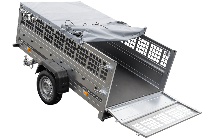 Enkelassige aanhanger 230x125 UNITRAILER GARDEN 230 KIPP met gaaswanden, H-0 frame en grijze afdekking
