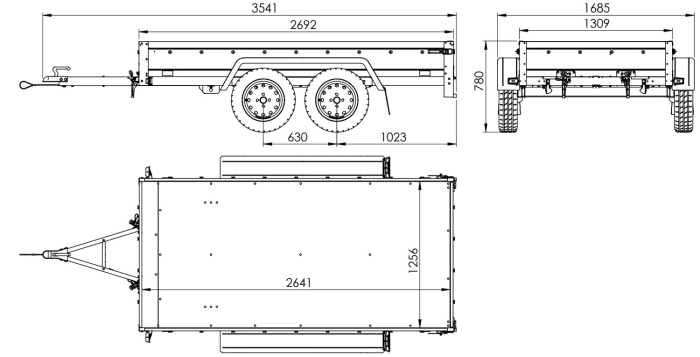 Tweeassige aanhanger 264x125 UNITRAILER GARDEN 264/2 KIPP met H-1100 frame en blauw dekzeil