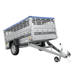 Enkelassige aanhanger 230x125 UNITRAILER FORCE 230 KIPP met gaaswanden, H-0 frame en blauwe afdekking.