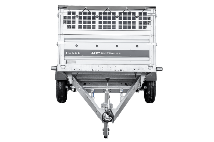 Enkelassige aanhanger op veren 264x125 UNITRAILER FORCE 264/R KIPP met gaaswanden, H-0 frame en grijs dekzeil