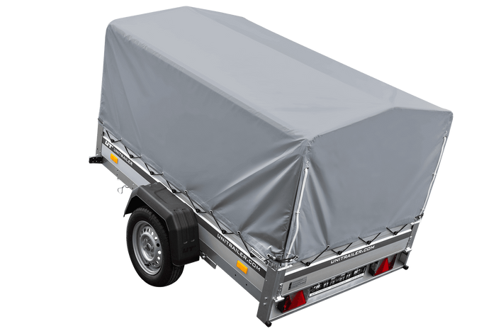 Autoaanhanger op veren met aluminium zijwanden 200x125 Unitrailer Garden 201/R KIPP ALU met H-800 frame en grijze afdekking