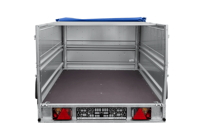 Autotransportaanhanger op veren 230x125 UNITRAILER FORCE 230/R KIPP met BIS-zijwanden, H-0 frame en blauwe afdekking