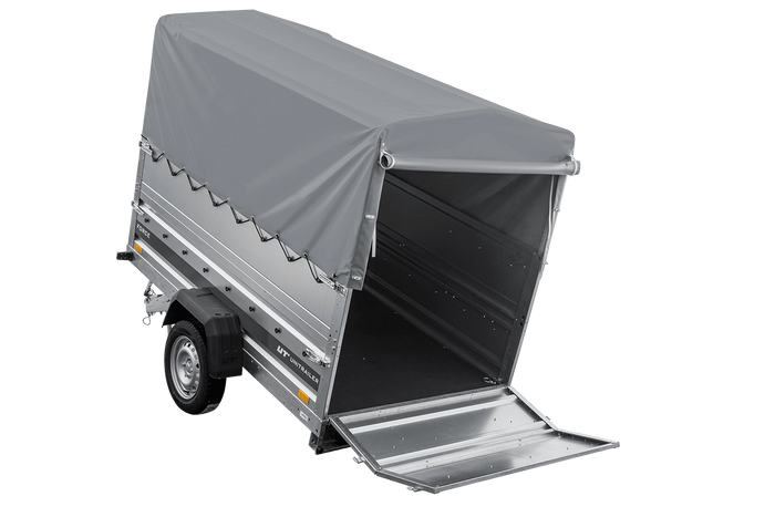 Autotransporter 230x125 UNITRAILER FORCE 230 KIPP met BIS-zijwanden, H-800 frame en grijze afdekking