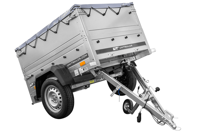 Unitrailer GARDEN TRAILER 150 KIPP met een steunwiel, twee zijkanten en een grijze platte afdekking op een frame