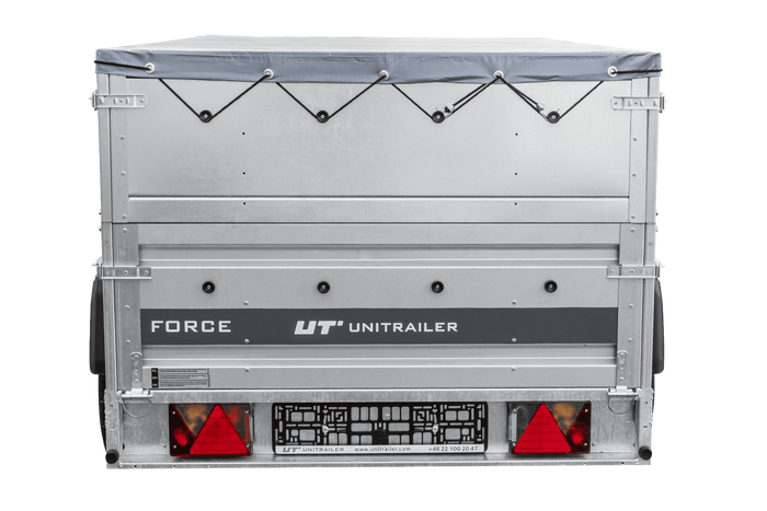 Autotransportaanhanger op veren 230x125 UNITRAILER FORCE 230/R KIPP met BIS-zijwanden, H-0 frame en grijze afdekking