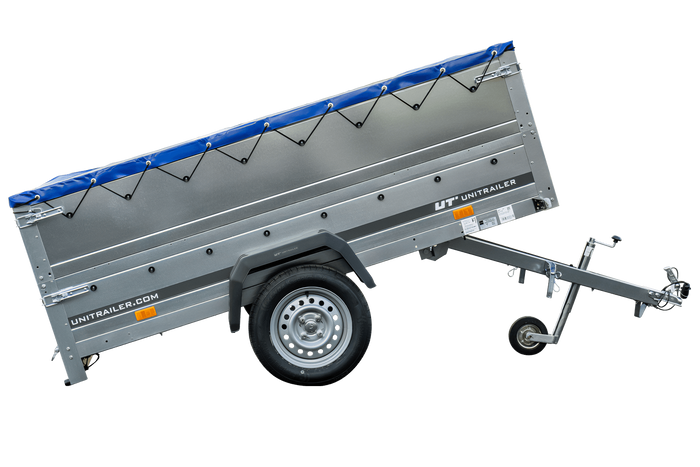 GARDEN TRAILER 230 KIPP MET STEUNWIEL, BIS ZIJKANTEN EN BLAUW PLAT TARPAU