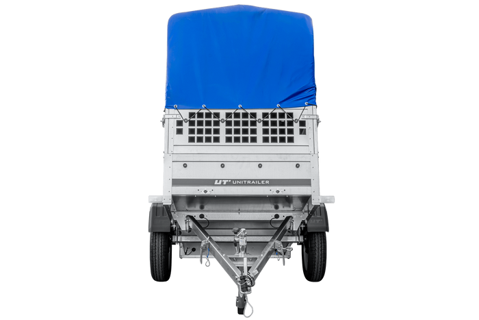 Eenassige aanhanger met kipper Unitrailer GARDEN TRAILER 200 KIPP met steunwiel, gaaswanden en H-800 frame met blauwe kap