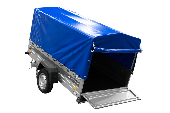 Enkelassige aanhanger 230x125 UNITRAILER FORCE 230 KIPP met H-800 frame en blauwe afdekking